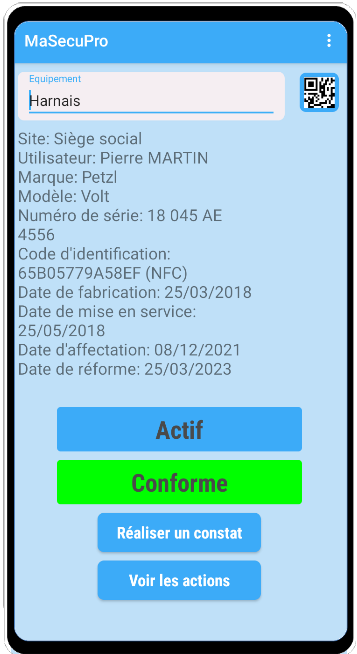 Accès aux informations de l'EPI scanné dans l'application MaSecuPro-pp Accès aux informations de l'EPI scanné dans l'application MaSecuPro-pp