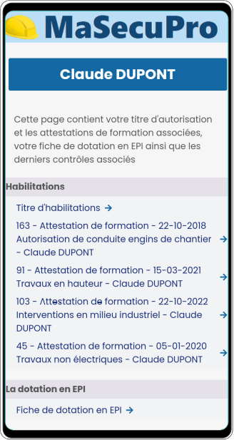 Copie d'écran du module de gestion des habilitations de MaSecuPro-pp Copie d'écran du module de gestion des habilitations de MaSecuPro-pp